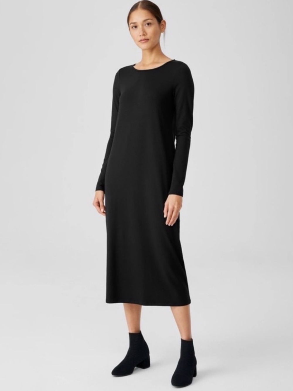 Eileen Fisher Stretch Jersey Knit Oval Black Dress Round Minimal Luxe Midi Sz L